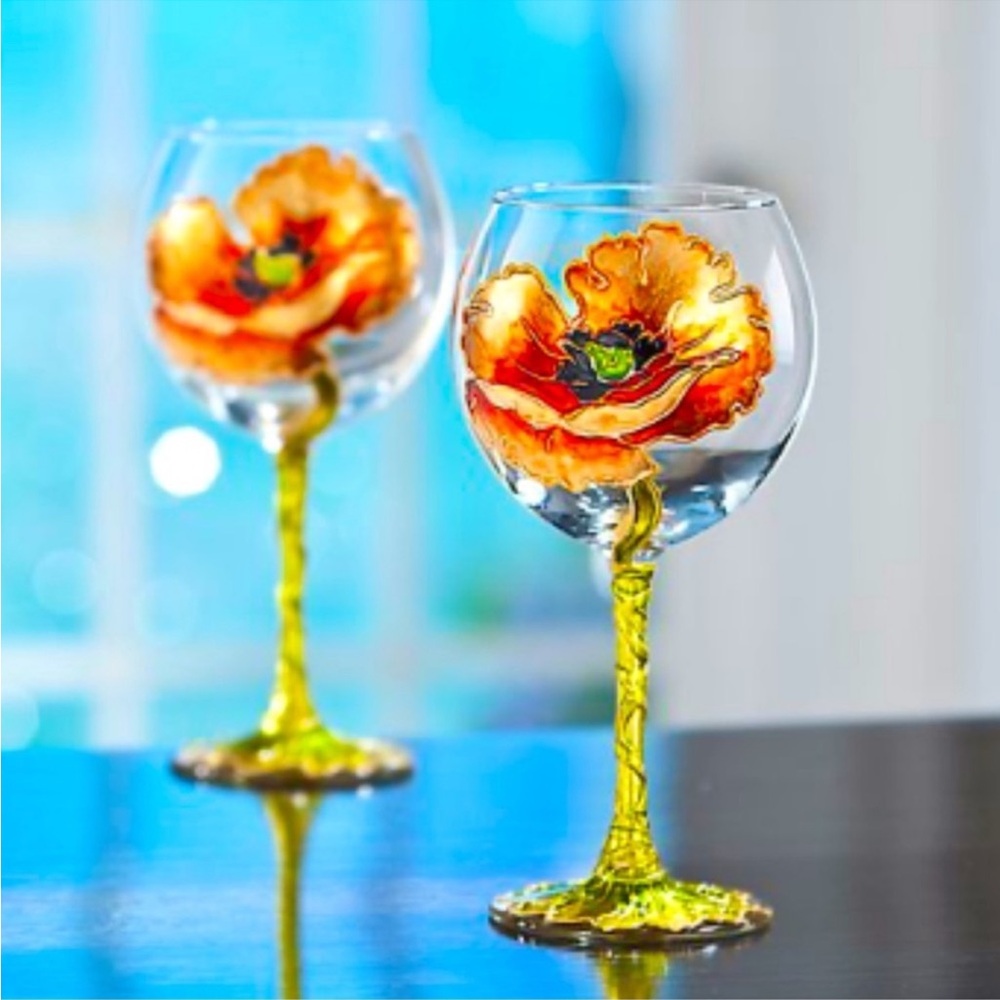 NEW Uno Alla Volta Wine Goblet Glass Poppy Style Italian Hand Painted Artisan